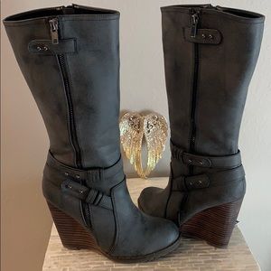 Very Volatile Gray Wedge Zip Up Mid-Calf  Boot